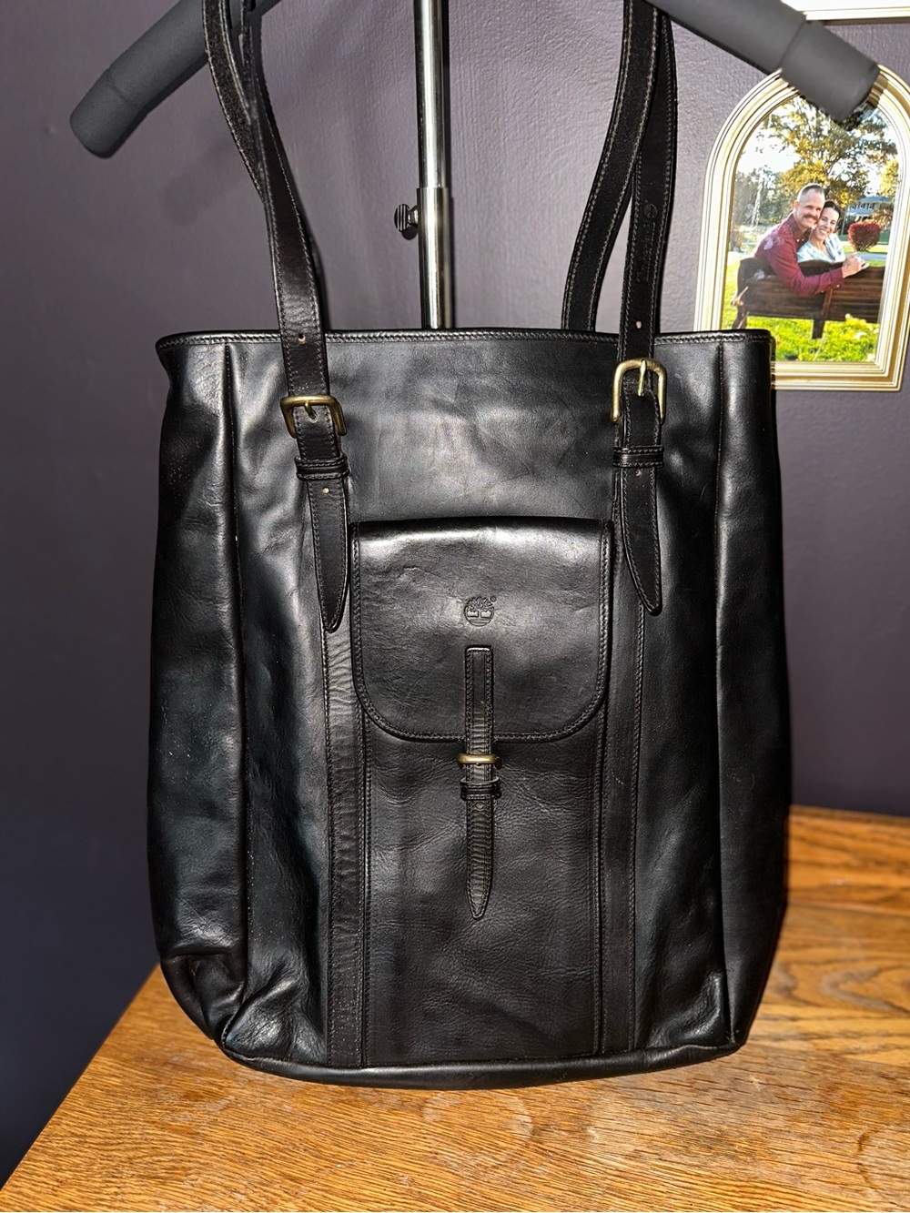 Vintage Timberland Black Leather Messenger Tote with Front Flap, EUC.
